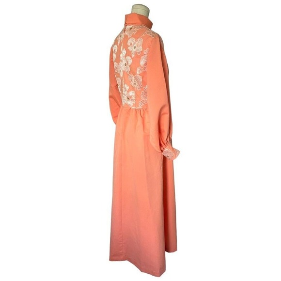 Vintage 60s 70s Peach Orange Maxi Dress Long Puff Sleeve Embroidered Floral Gown - Picture 5 of 6